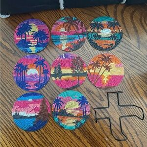 Rhinestone Tropical Sunset Coaster Set- 8 coasters & Stand